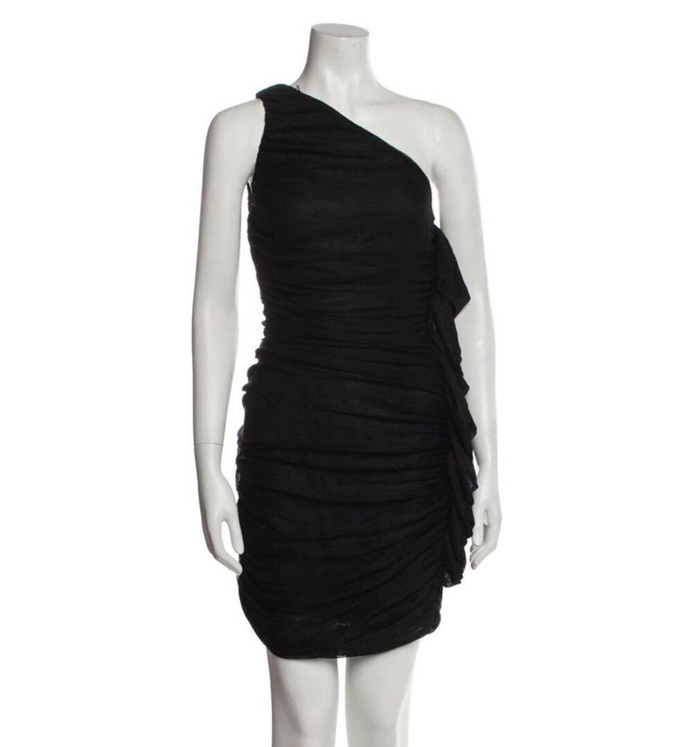 St John Black Sparkle Ruched One Shoulder Stretch Bodycon Dress Size 4 EUC